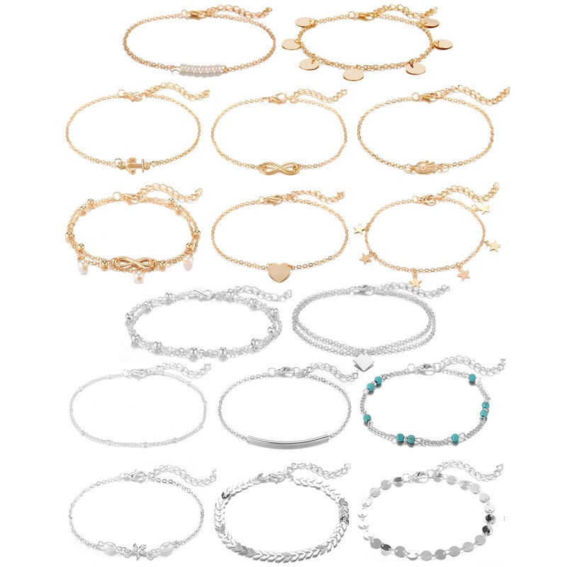 Softones 16Pcs Ankle Bracelets for Women Gold Silver Two Style Chain Beach Anklet Bracelet Jewelry Anklet Set,Adjustable Size - Image 1